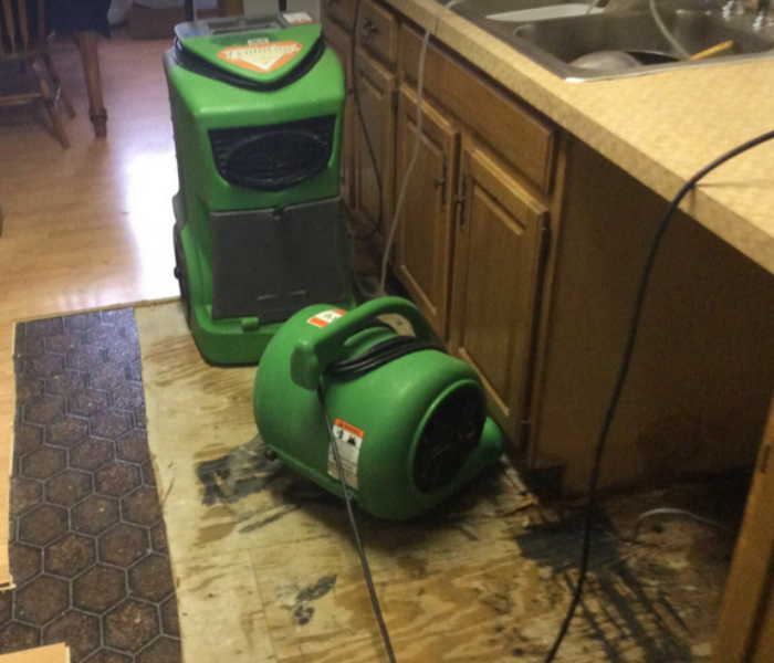 equipment set up after water damage in kitchen
